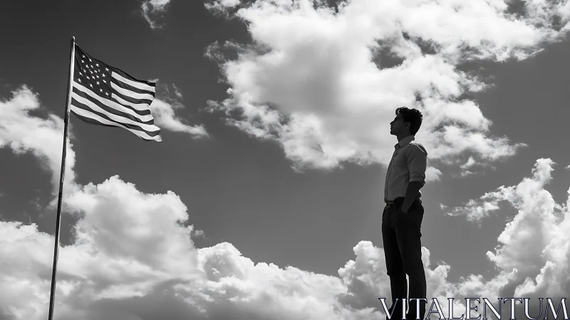 Quiet skyward moment beside a flag under drifting clouds.