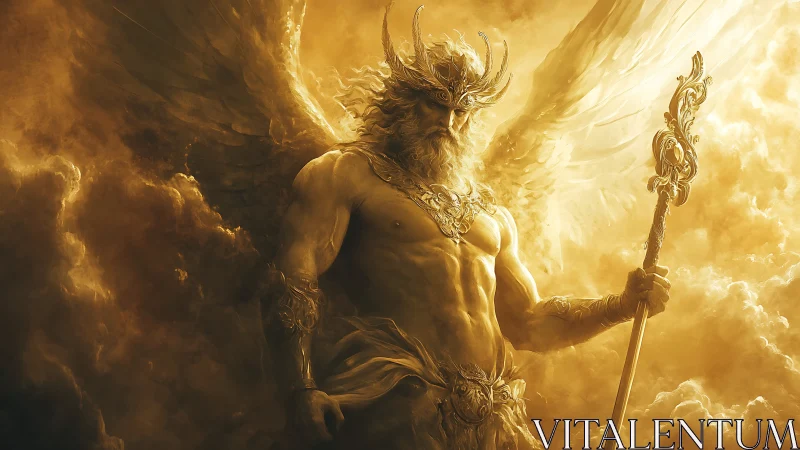 Winged celestial warlord commands radiant golden storm.