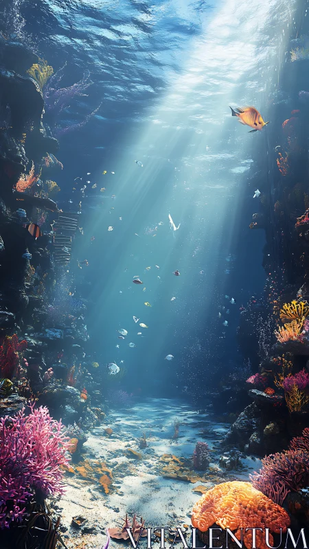 Sunlit coral reef canyon with colorful tropical fish scene.