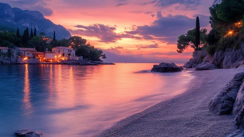 Twilight coastal resort architecture reflects in glassy bay