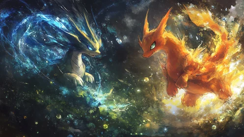 Elemental dragon duel in swirling fire and water cosmos.