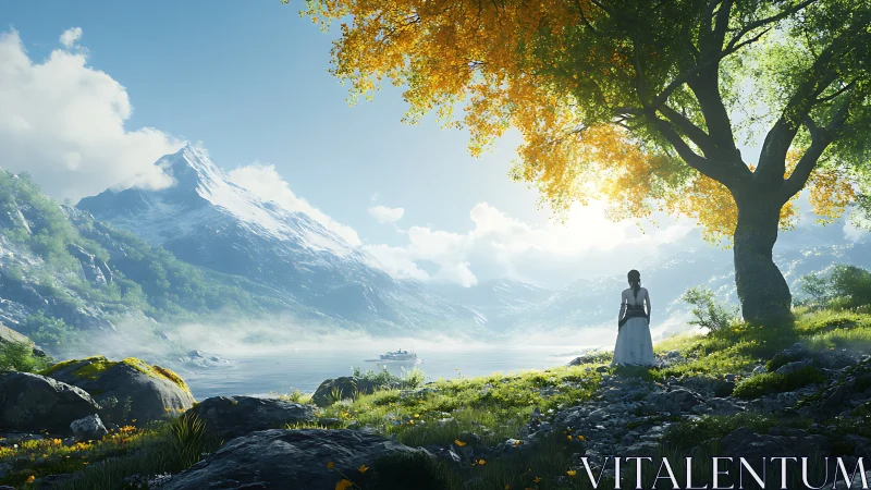 Solitary figure under tree facing misty mountain lake.