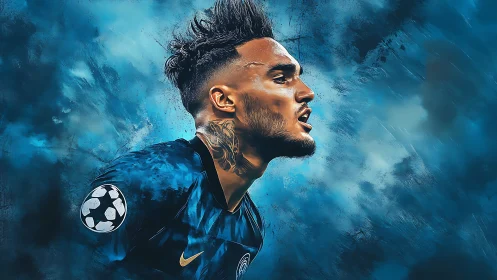 Dynamic footballer portrait against turbulent blue sky