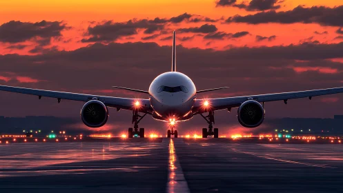 Passenger jet on runway at vivid red sunset sky.