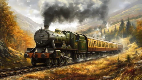 Steam train gliding through golden autumn mountain valley.