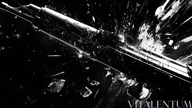 Rifle barrel with impacting shattered glass in monochrome frame.