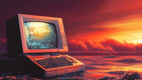 Retro terminal glows against hyper-saturated sunset seascape