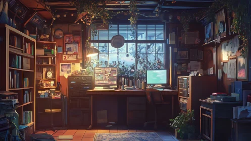 Cozy windowlit studio desk glowing with gentle evening tech.