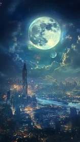 Luminous twin moons above a sprawling neon river metropolis.