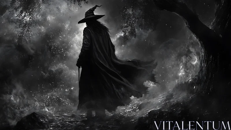 Dark cloaked sorcerer standing in a misty haunted forest.