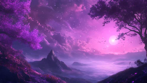 Dreamy lavender moonrise over a tranquil fantasy coast.