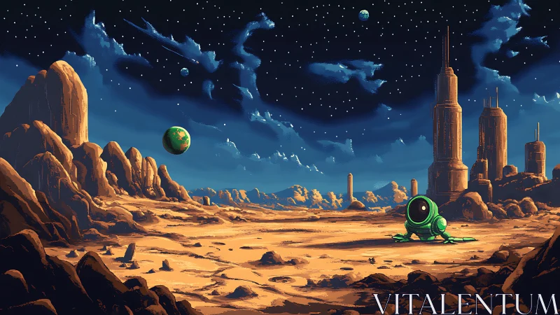 Pixel alien rover scans a lonely desert planet under stars.