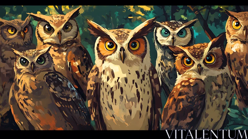 Group of Colorful Owls in Digital Art Style, Vibrant Forest Setting.