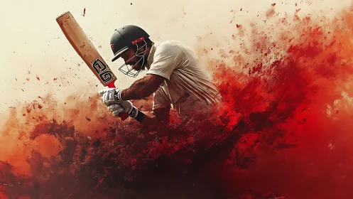 Dynamic cricket batsman amid explosive red motion field.