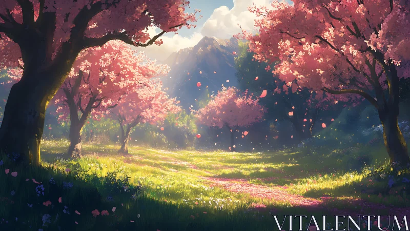 Sunlit cherry blossom path leading toward distant mountains.