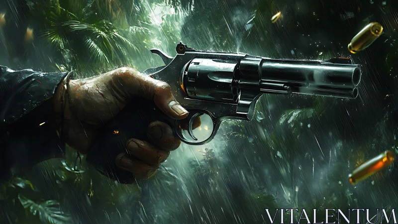 Revolver discharged in dense rainforest during rainfall.