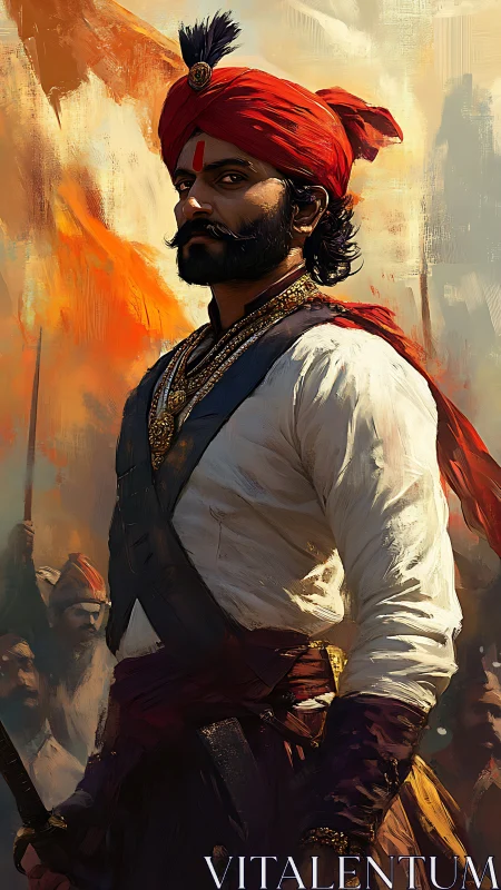 Warrior in red turban leading armed soldiers in battle