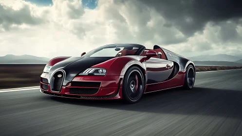 Sunlit supercar sprint under brooding open-road skies.