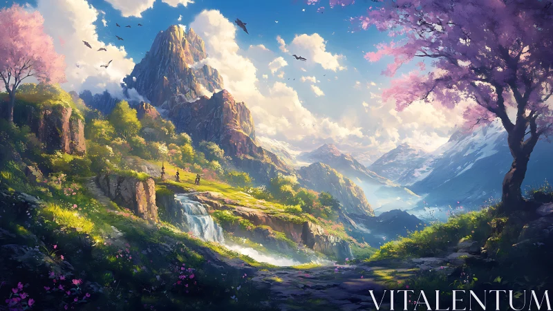 Sunlit adventurers cross a blooming valley beneath jagged peaks