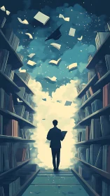 Silhouetted reader between tall bookshelves and open sky.