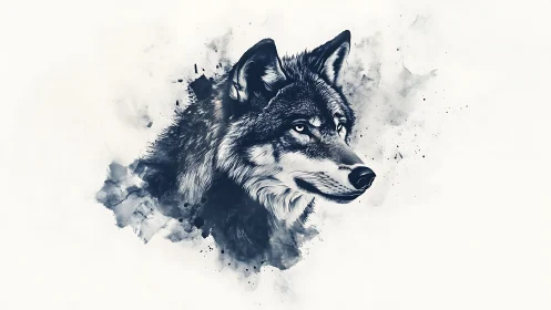 Ink wolf portrait with watercolor smoke abstraction.