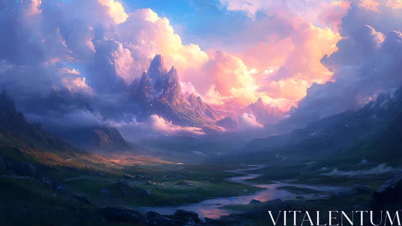 Mountain valley landscape under dense sunset cloud cover.