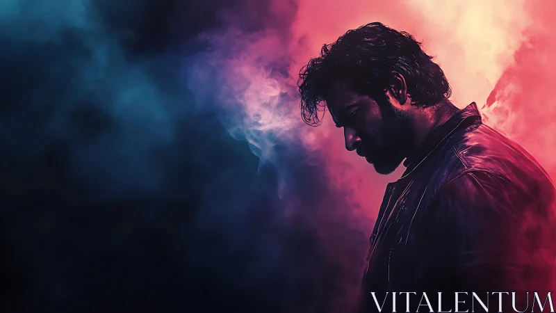 Moody profile portrait against neon blue and pink haze.