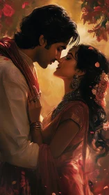Romantic Embrace: Golden-Lit Couple in Traditional Garments.