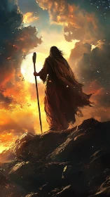 Robed figure with staff stands on rocky peak at sunrise.