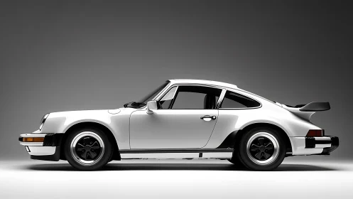 Side profile shows classic white rear‑engine coupe in studio