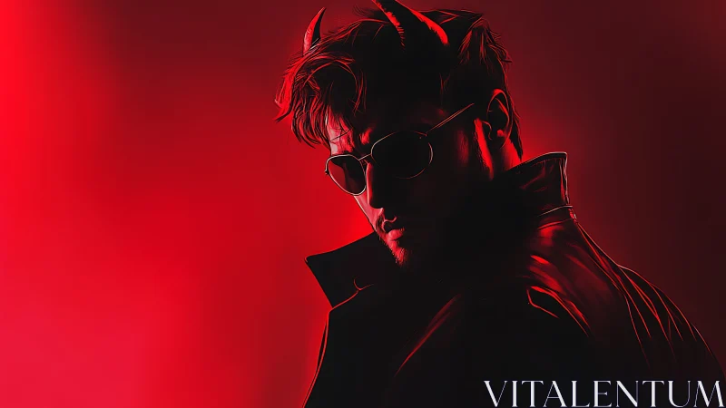 Devilish figure emerges in red neon haze and shadowed light.