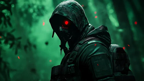 Hooded cyber scout with glowing red visor in neon forest.
