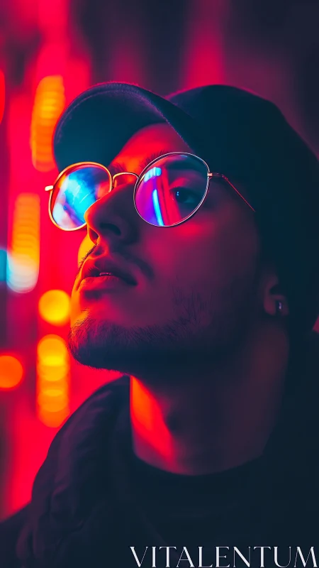 Portrait shows side-lit subject in neon magenta and cyan tones