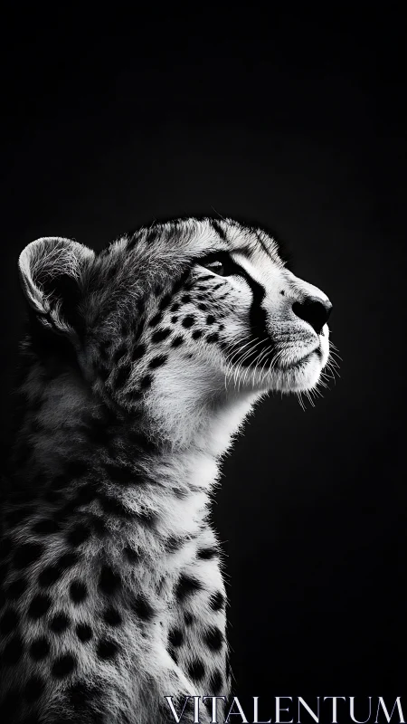 Monochrome cheetah portrait in dramatic low key lighting.