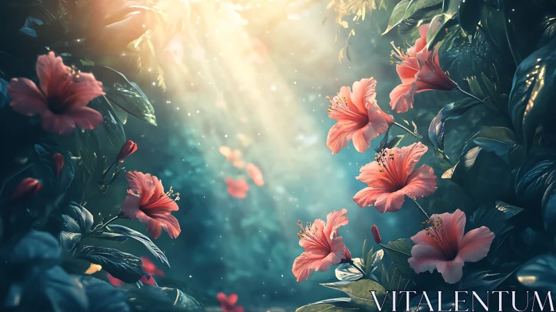 Luminescent Hibiscus Garden: Radiant Floral Composition.