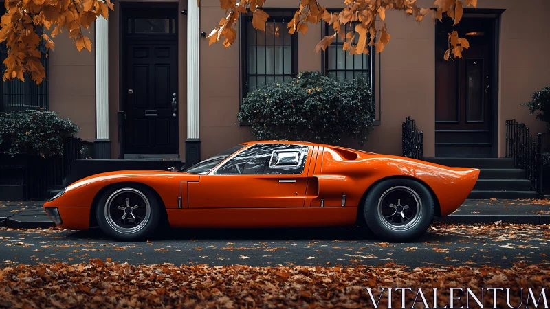 Orange supercar lounges beneath drifting autumn leaves in town