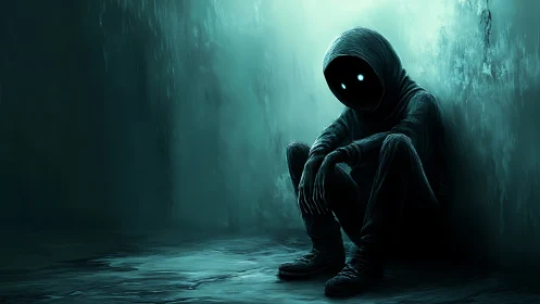 Hooded void figure in teal-lit corridor, moody digital study.