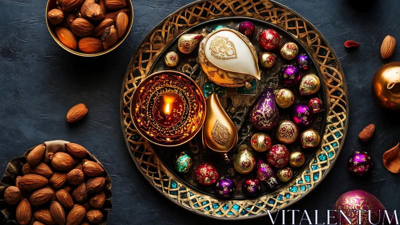 Candlelit festival sweets and ornaments on golden tray.