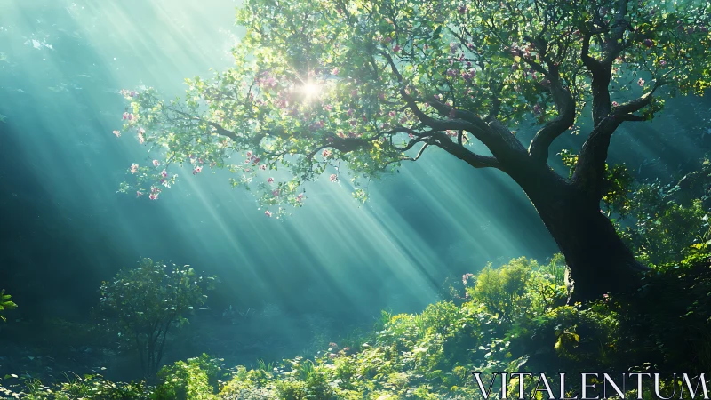 Morning light pours through a blooming tree in a quiet forest