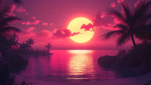 Radiant neon sunset bathes a tranquil tropical lagoon in glow