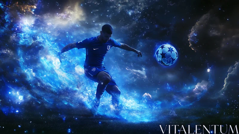 Cosmic soccer player striking glowing ball in deep space.