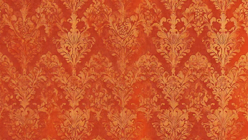 Ornate orange damask wallpaper pattern with vintage texture.
