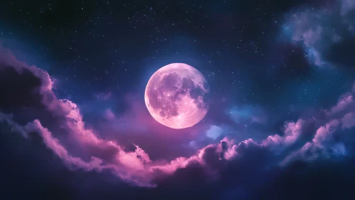 Luminous pink moon framed by magenta clouds at night sky.