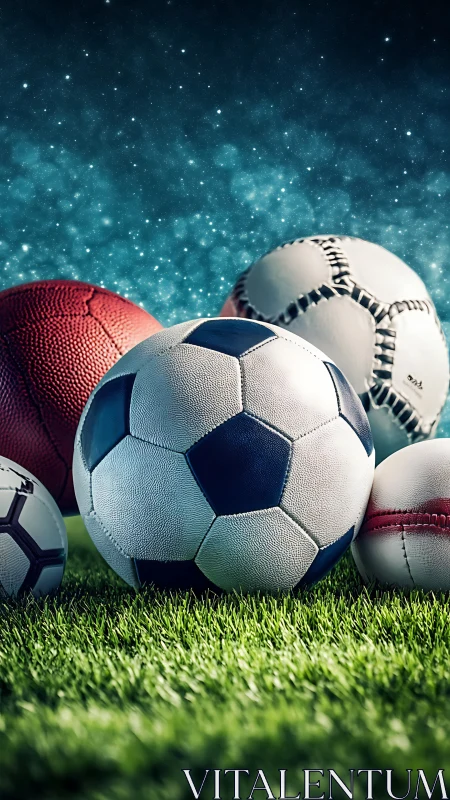 Sports balls rest on bright grass under a dreamy night sky