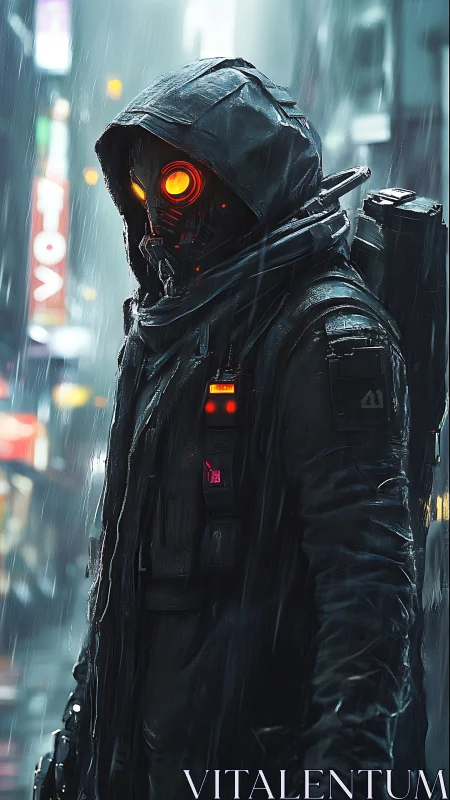 Hooded cyberpunk scout with glowing mask in neon rain.