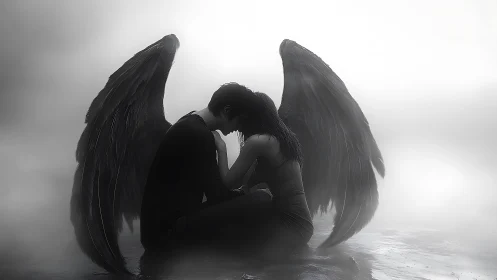Fallen winged couple in monochrome mist, intimate embrace.