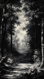 Forest Path Through Ancient Trees With Luminous Sky