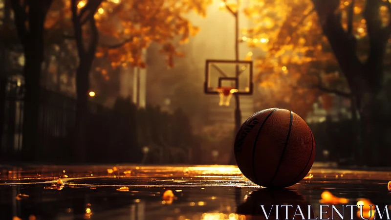 Basketball on wet outdoor court under warm autumn light.