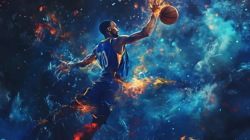 Explosive motion study of airborne basketball dunk in fiery nebula field