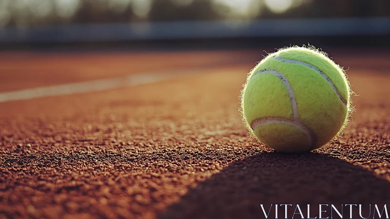 Tennis ball on clay court in low angled evening light.